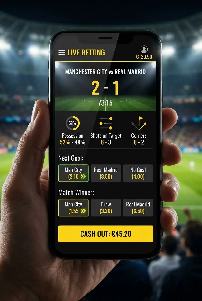 Interfaccia live scommesse sportive nell’app bwin Schermata live betting app bwin con quote in movimento e match center